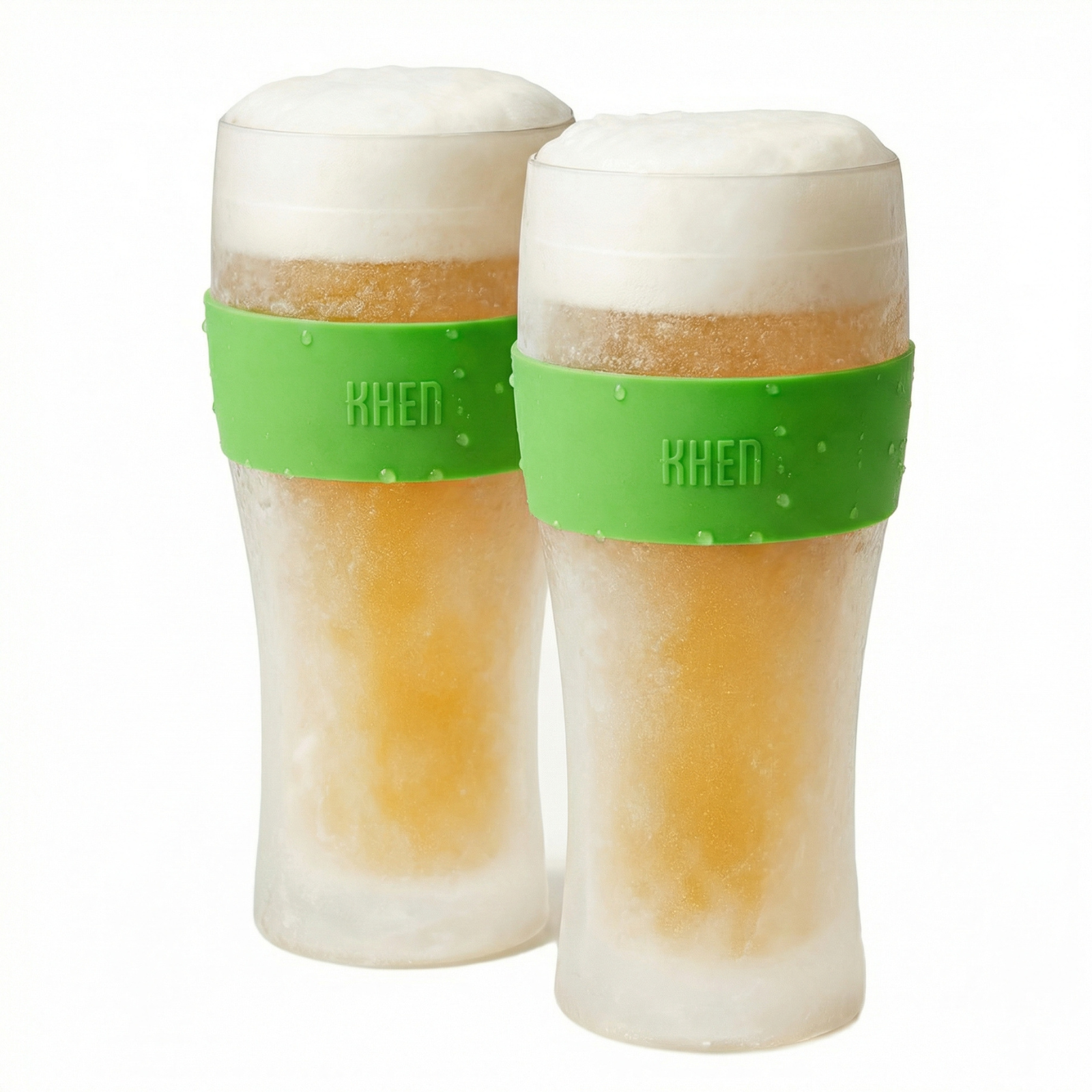 Set of 2 acrylic beer glasses with frosted tops, clear body, and green cooling band (KHEN)