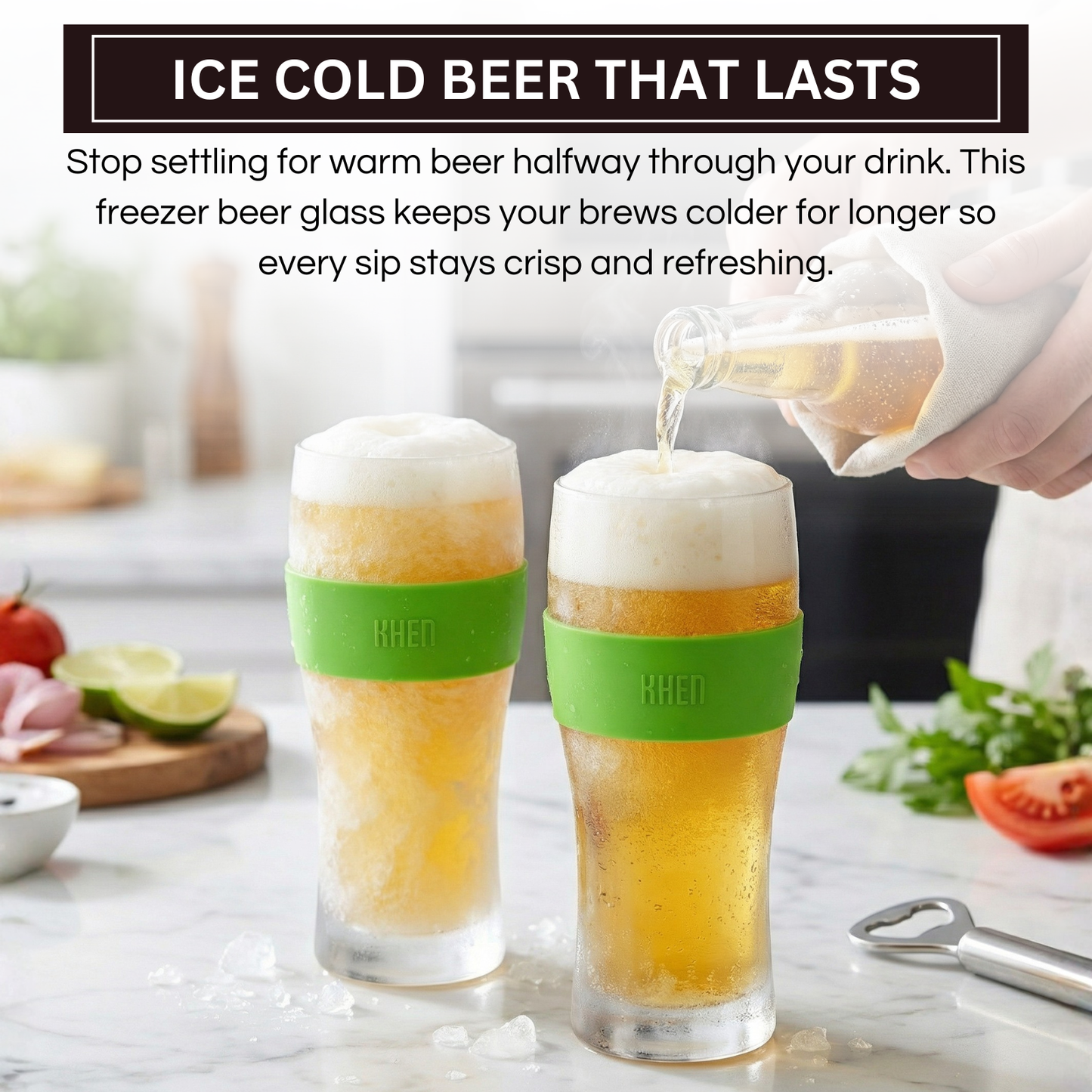 Two frosty acrylic beer glasses with clear body, green cooling band (KHEN), and golden beer