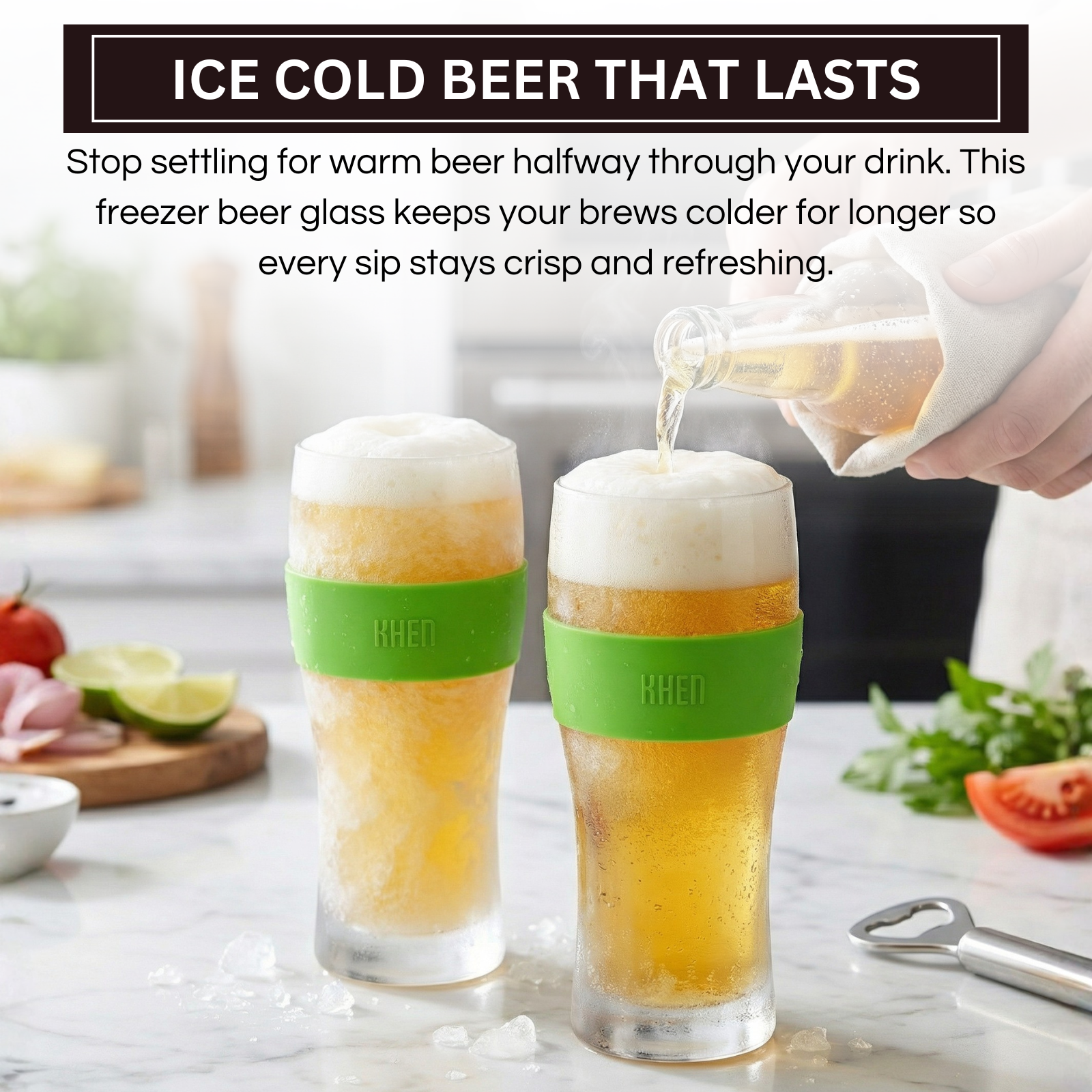 Two frosty acrylic beer glasses with clear body, green cooling band (KHEN), and golden beer