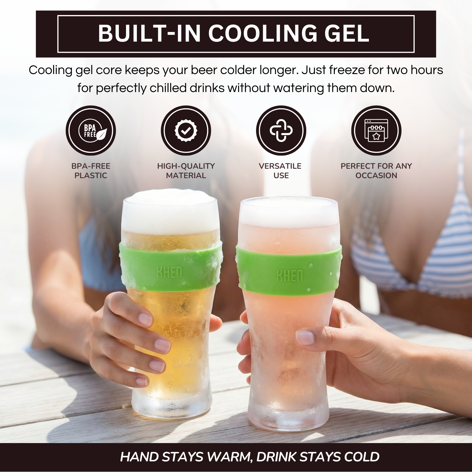 Two acrylic cooling beer glasses with foam tops and green band handles, held in hands (KHEN)