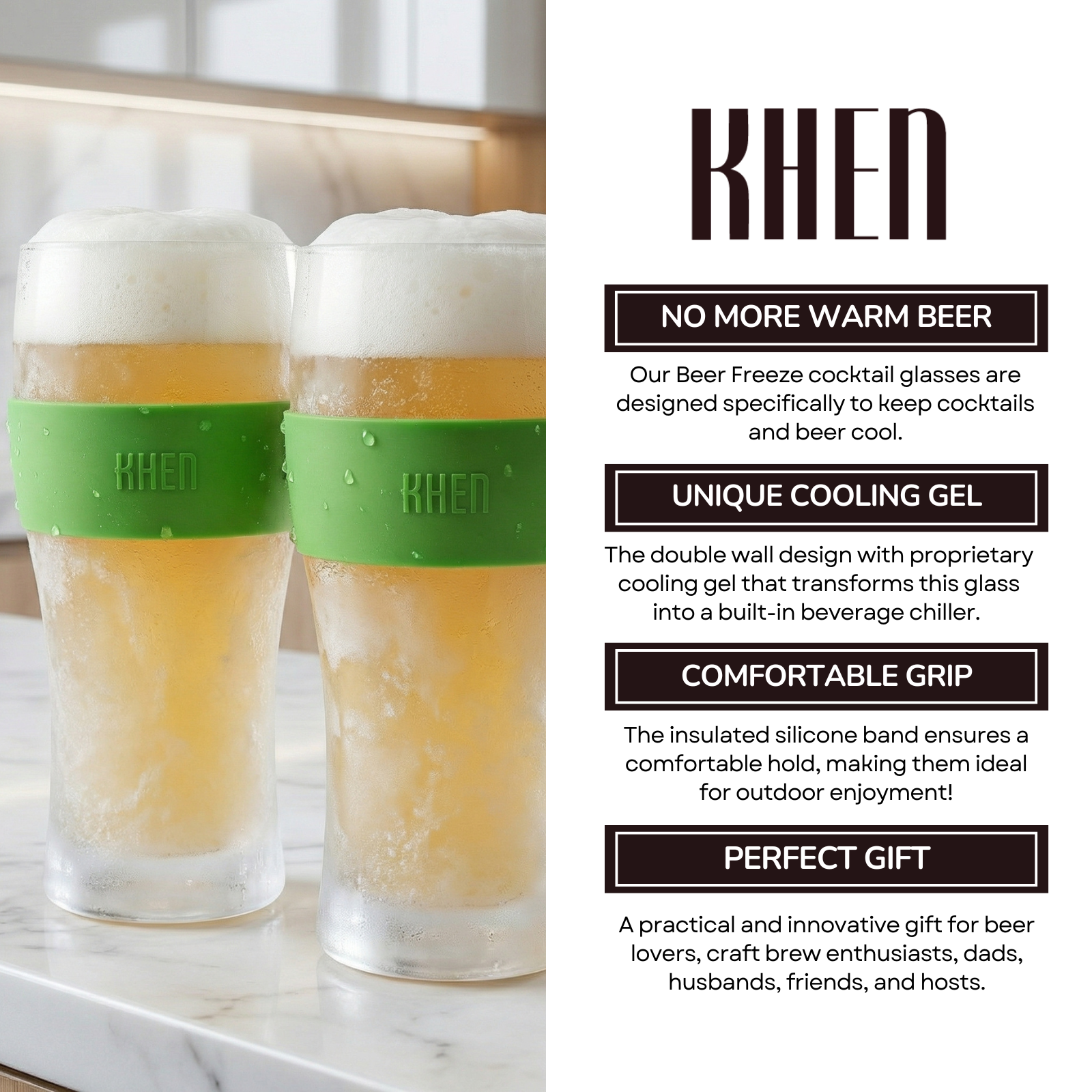 Pair of acrylic beer glasses with clear body, frosty tops, and green cooling band (KHEN)