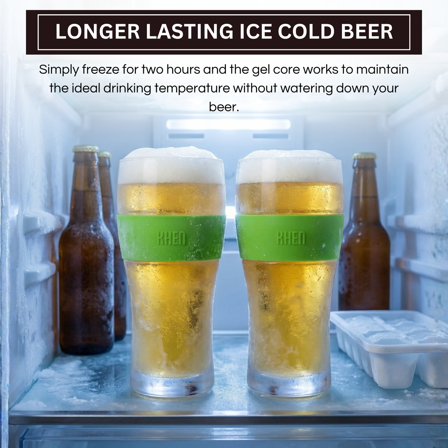 Set of 2 acrylic beer glasses with green cooling band (KHEN), frosted tops, and golden beer