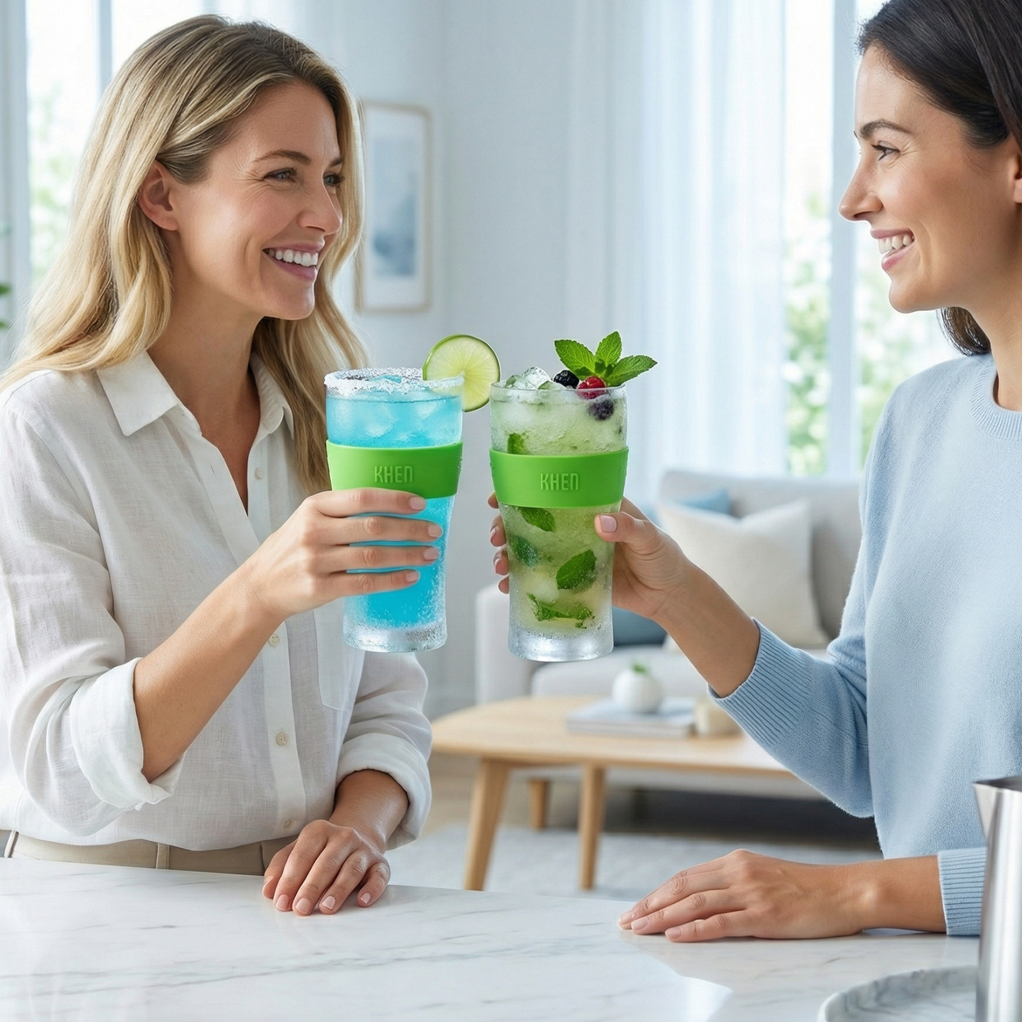 Two acrylic cooling glasses with green band (KHEN), clear bodies, and garnished drinks