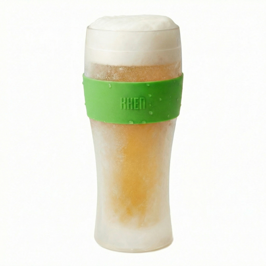 Insulated acrylic beer mug with frosted clear body and green silicone band