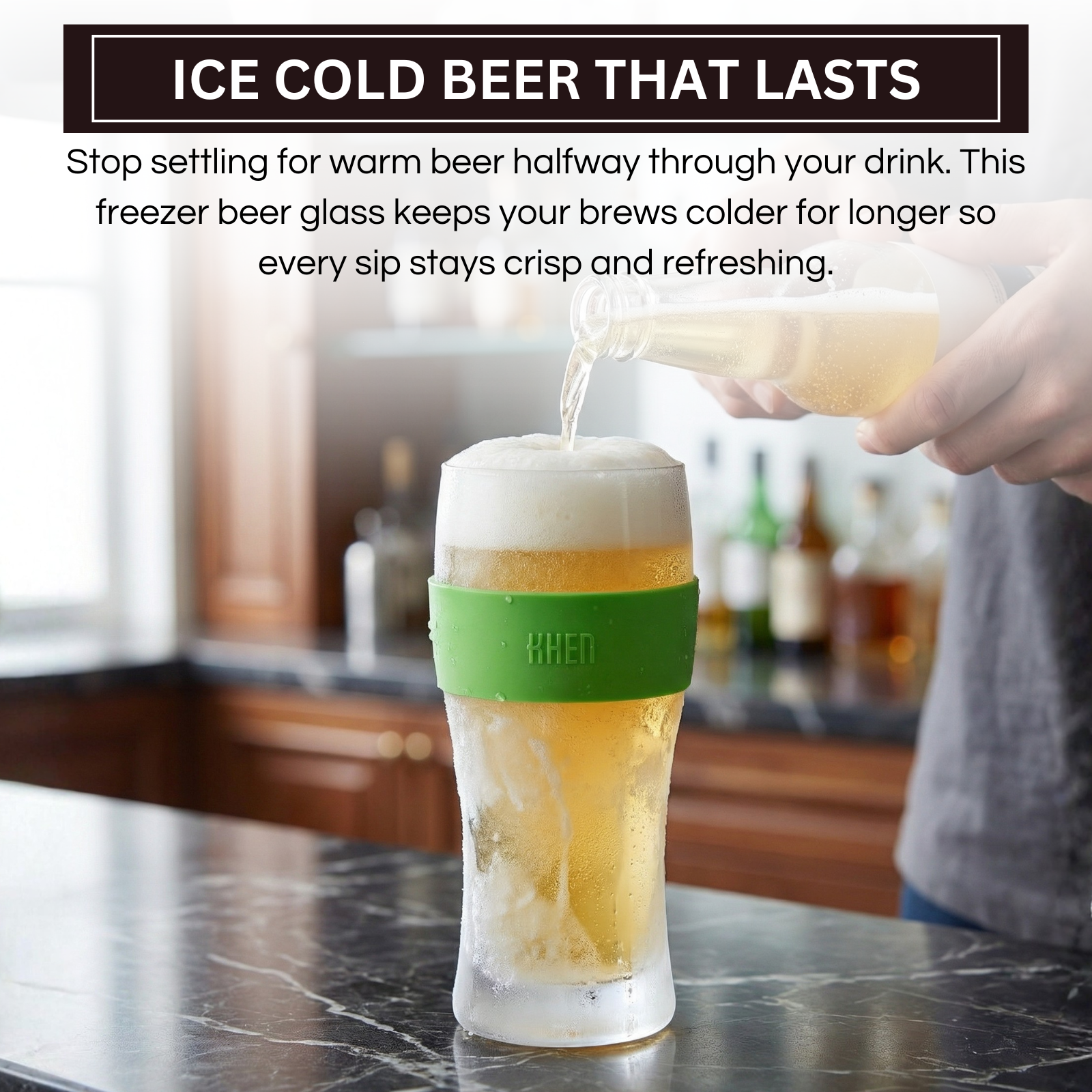Insulated acrylic beer mug with green silicone band, held on tabletop