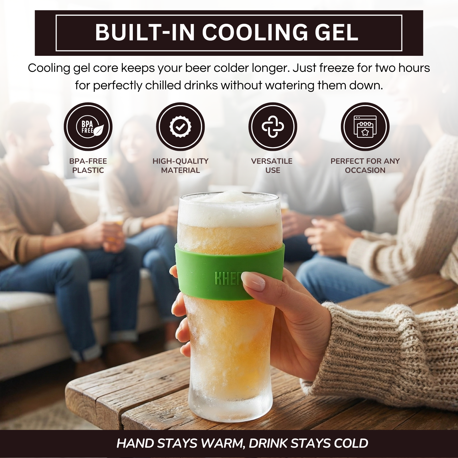 Insulated acrylic beer mug with green silicone band, hand holding