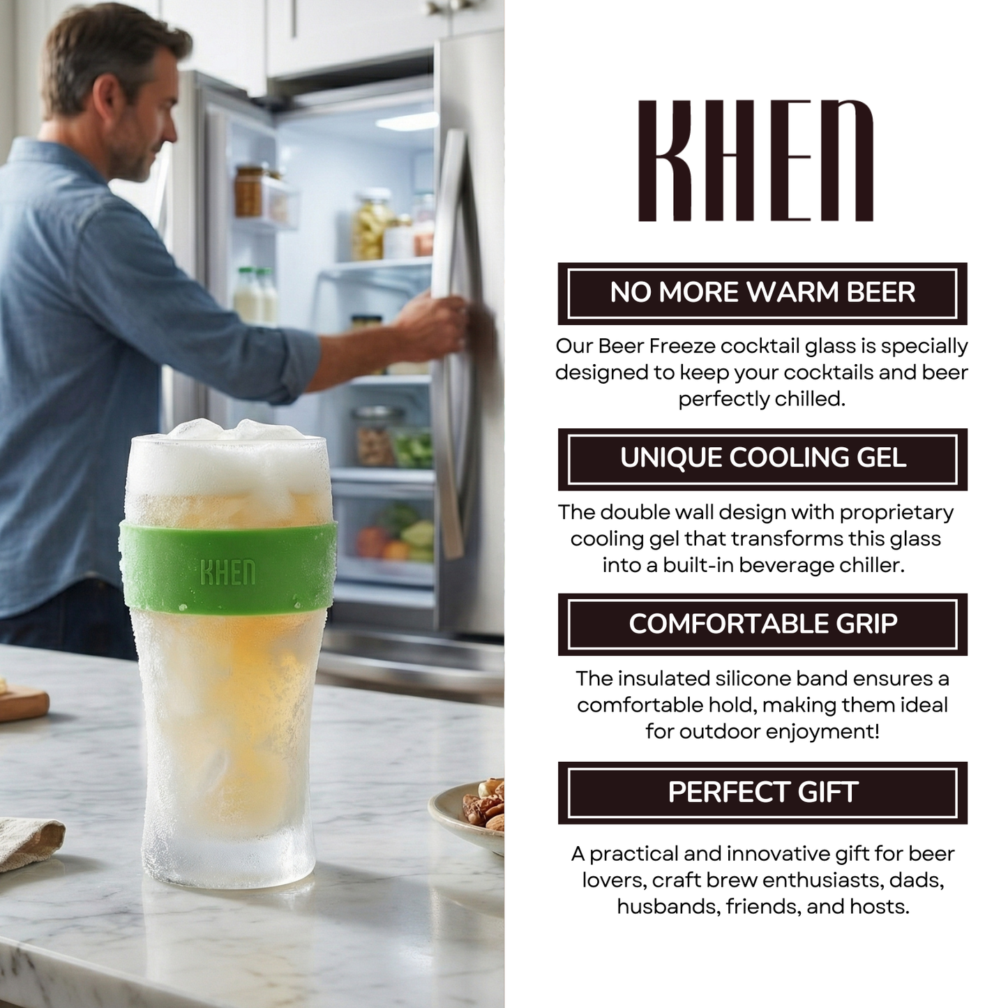 Insulated acrylic beer mug with green silicone band on countertop