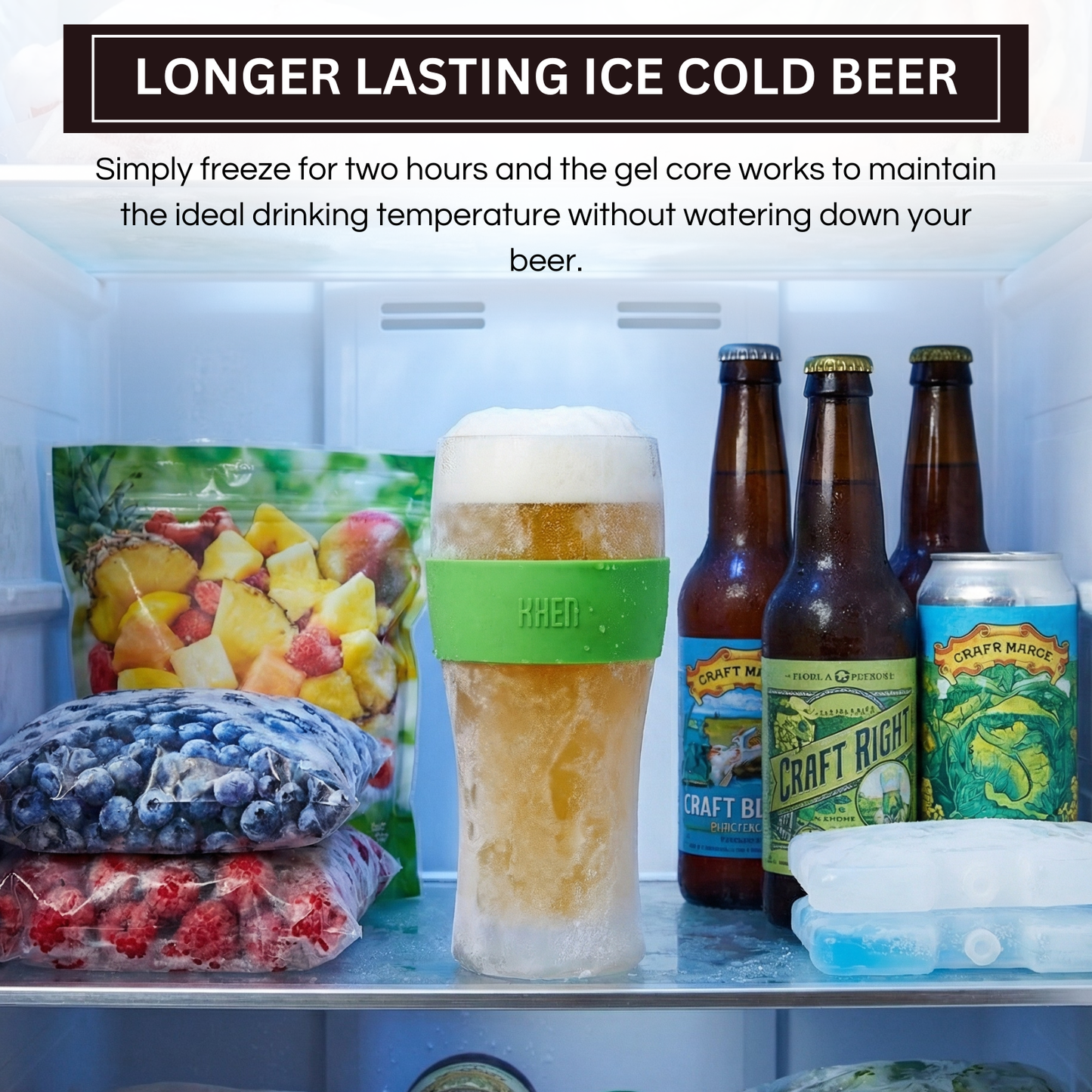 Insulated acrylic beer mug with green silicone band and frosted drink top