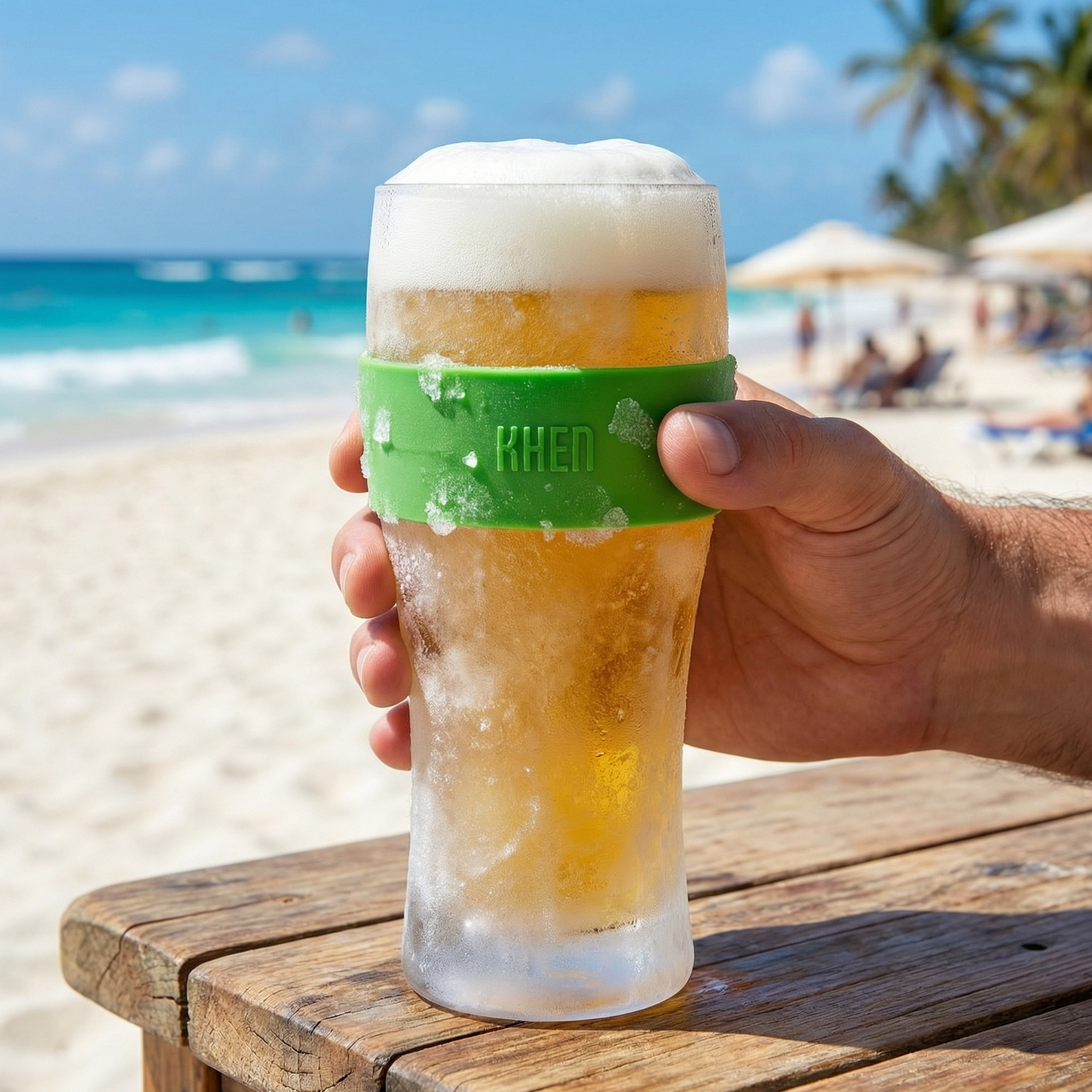 Insulated acrylic beer mug with green silicone band, close-up hand grip