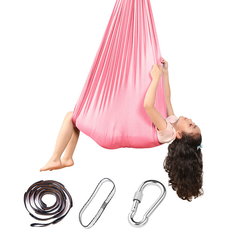 Hanging hammock swing chair in pink with included rope, straps, and carabiners.