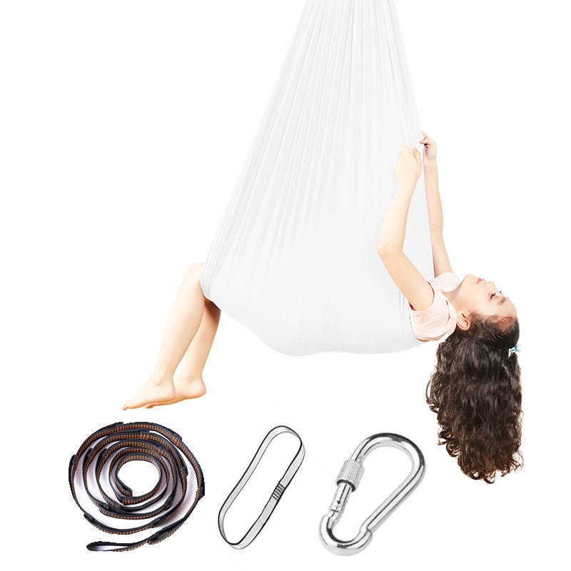 Sensory hammock swing chair in white fabric with hanging rope and carabiners