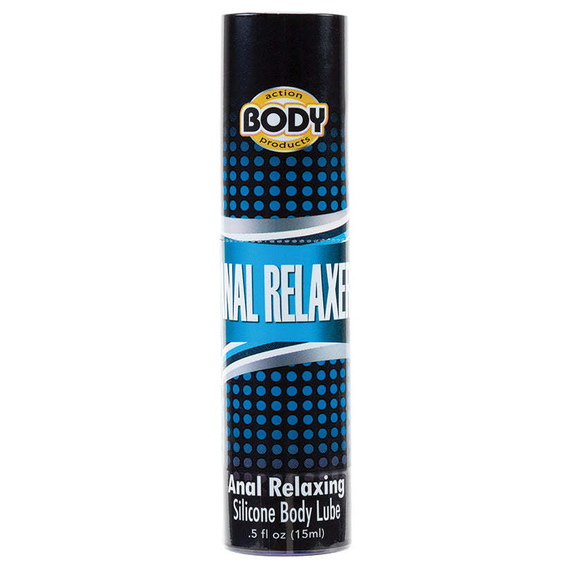 Silicone body lube bottle, .5 fl oz (15 ml), dark cap with blue label