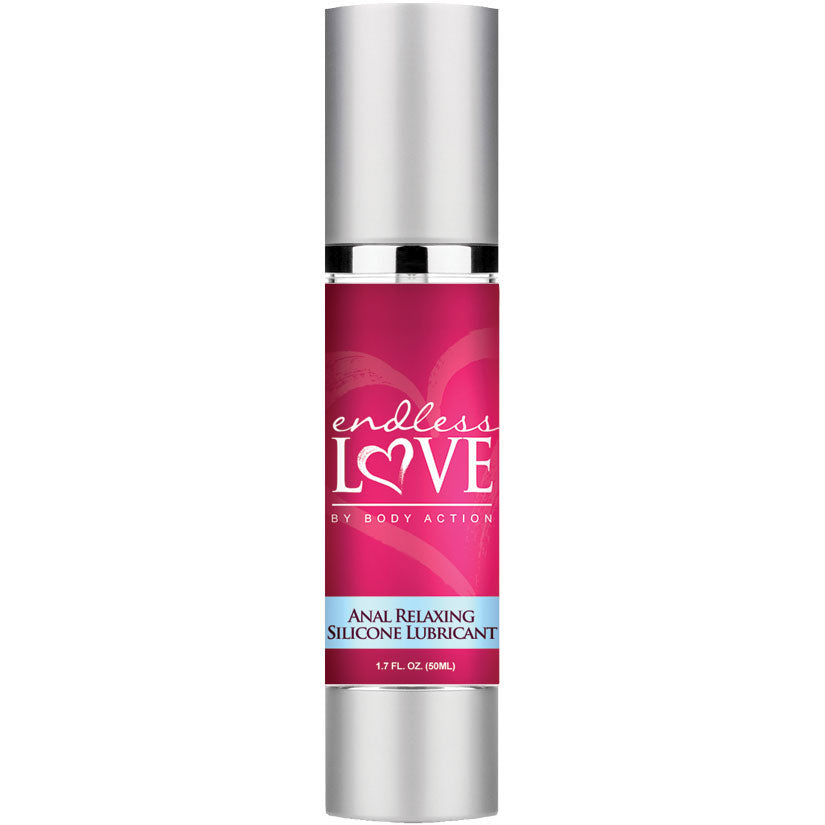 Anal relaxing silicone lubricant bottle with silver cap and maroon Endless Love label