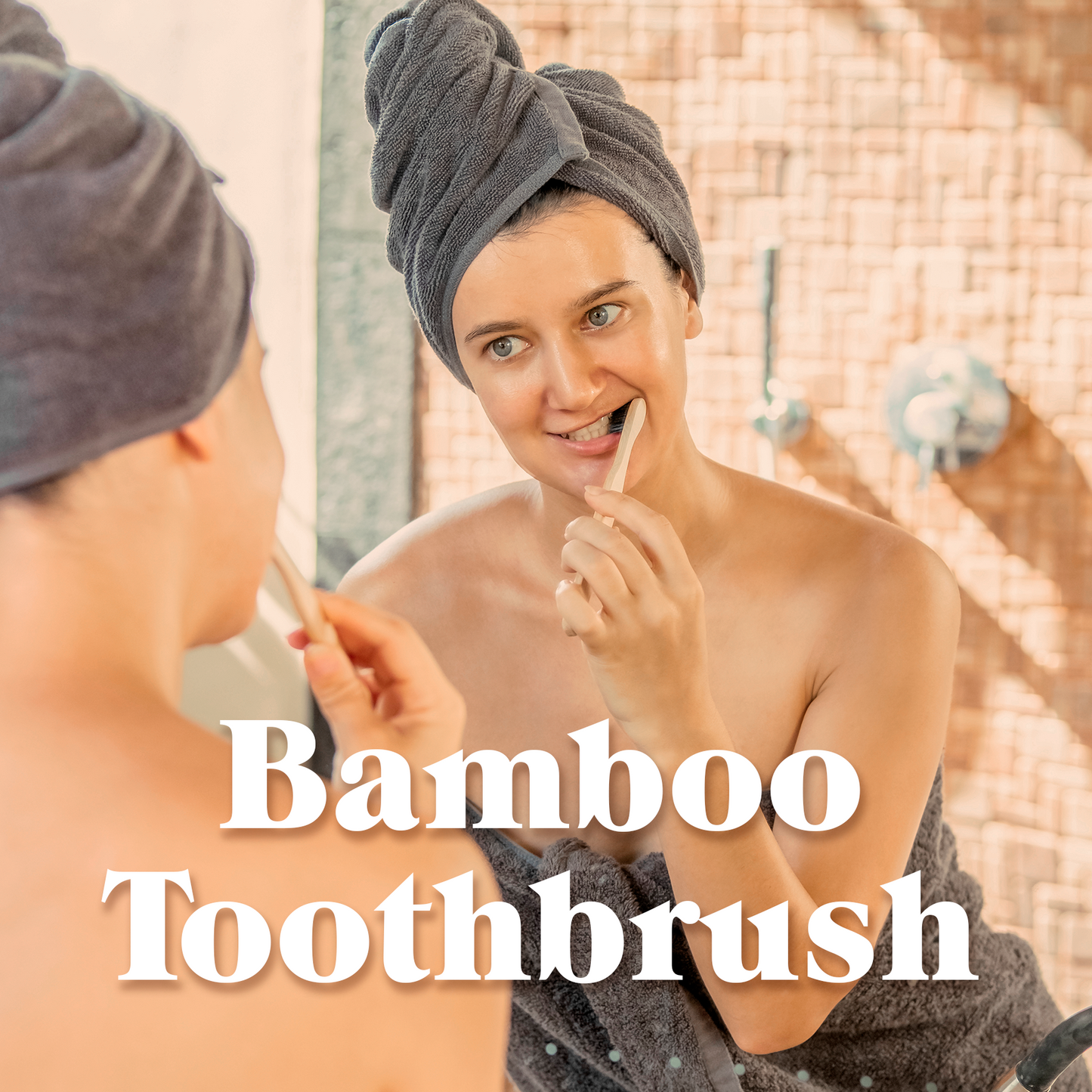 Woman brushing with Kaylaan bamboo toothbrush, black bristles visible in hand