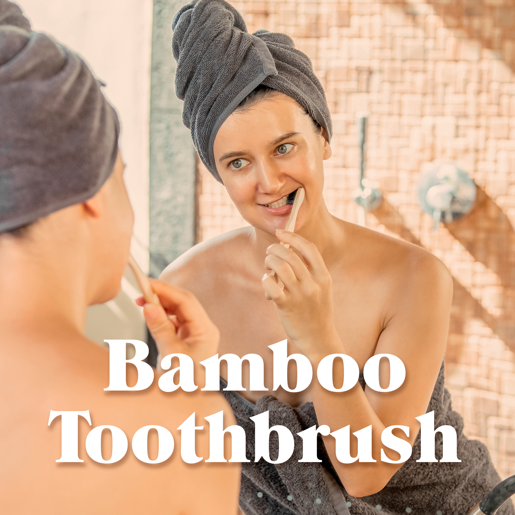 Woman brushing with Kaylaan bamboo toothbrush, black bristles visible in hand