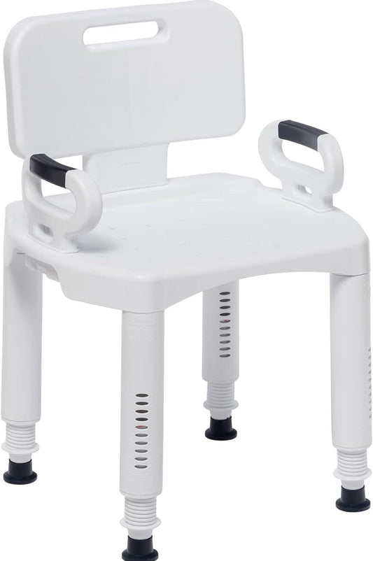 White shower chair with backrest and armrests, height-adjustable legs with non-slip feet