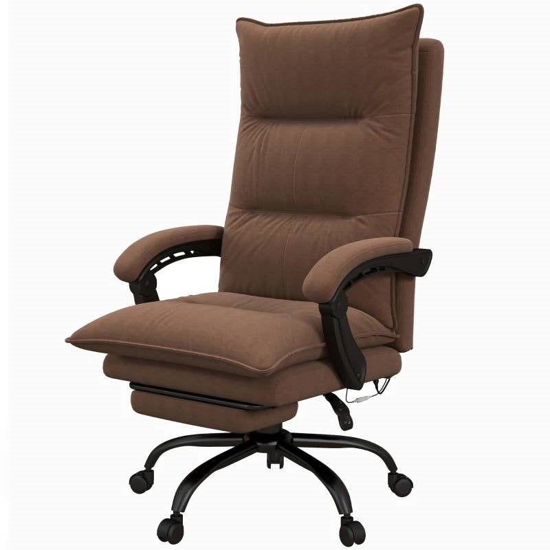 Brown double-padded executive office massage chair with heated back, swivels on rolling base.