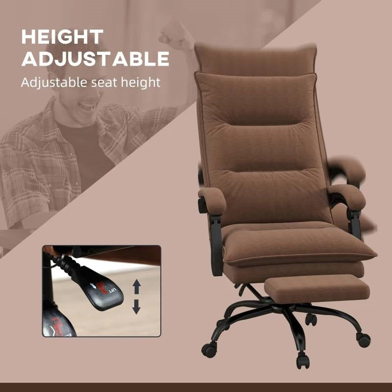 Brown adjustable-height executive massage office chair with cushioned seat and armrests.