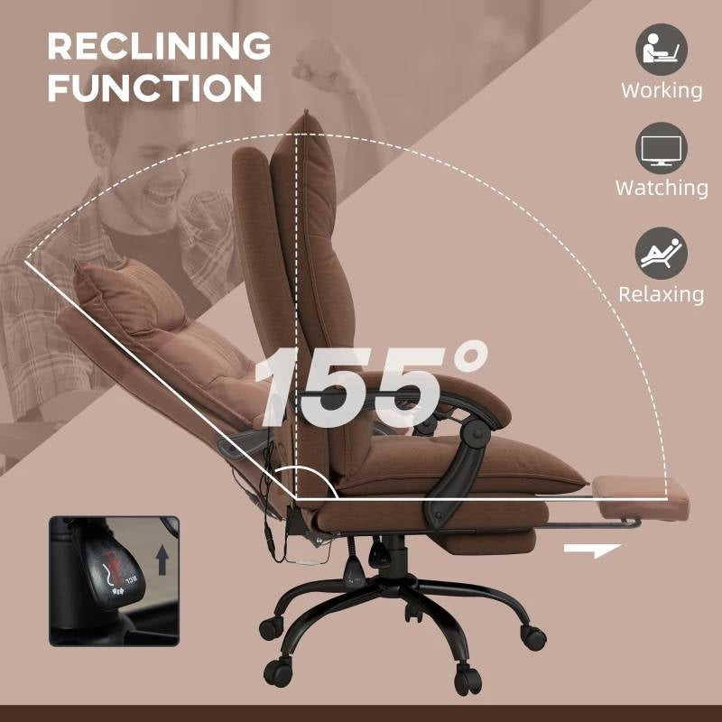 Brown reclining heated massage office chair with 155° recline and built-in footrest.