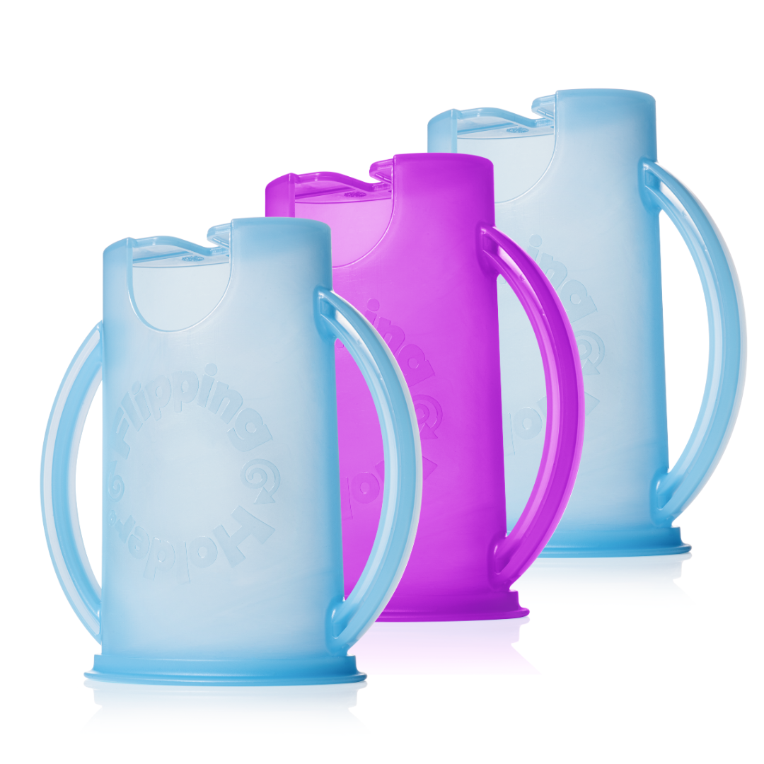 Flipping Holder 3 pack with light blue and purple plastic holders and flip handles