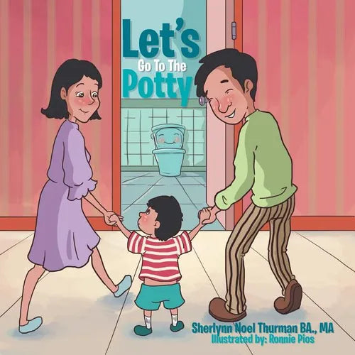 Children's potty training paperback with cartoon family and bathroom scene on cover