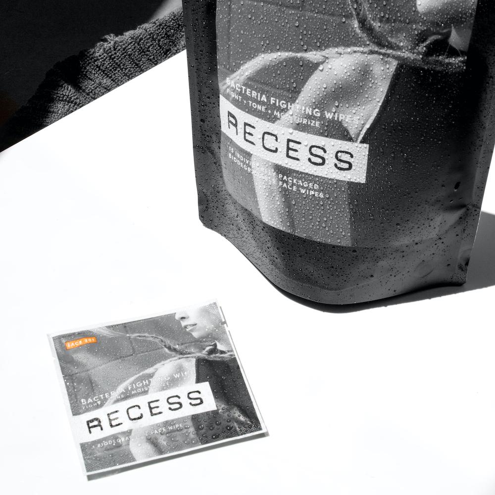 Biodegradable face wipe pouch with small sachet and water droplets, RECESS design