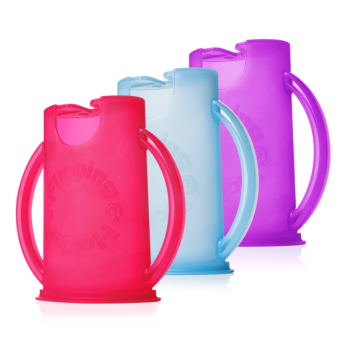 Flipping Holder 3 pack with red, light blue, and purple plastic holders and flip handles