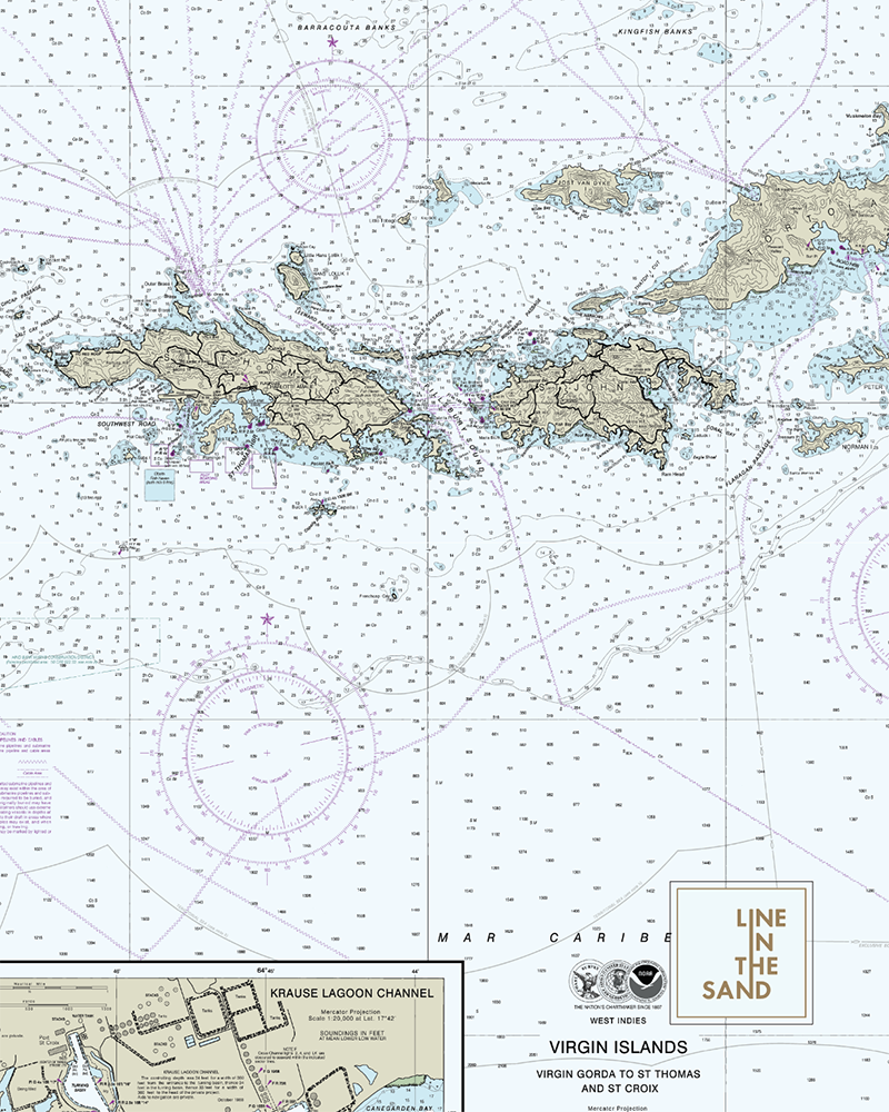 Nautical chart print fabric with islands, purple circular chart marks, and “LINE IN THE SAND” logo