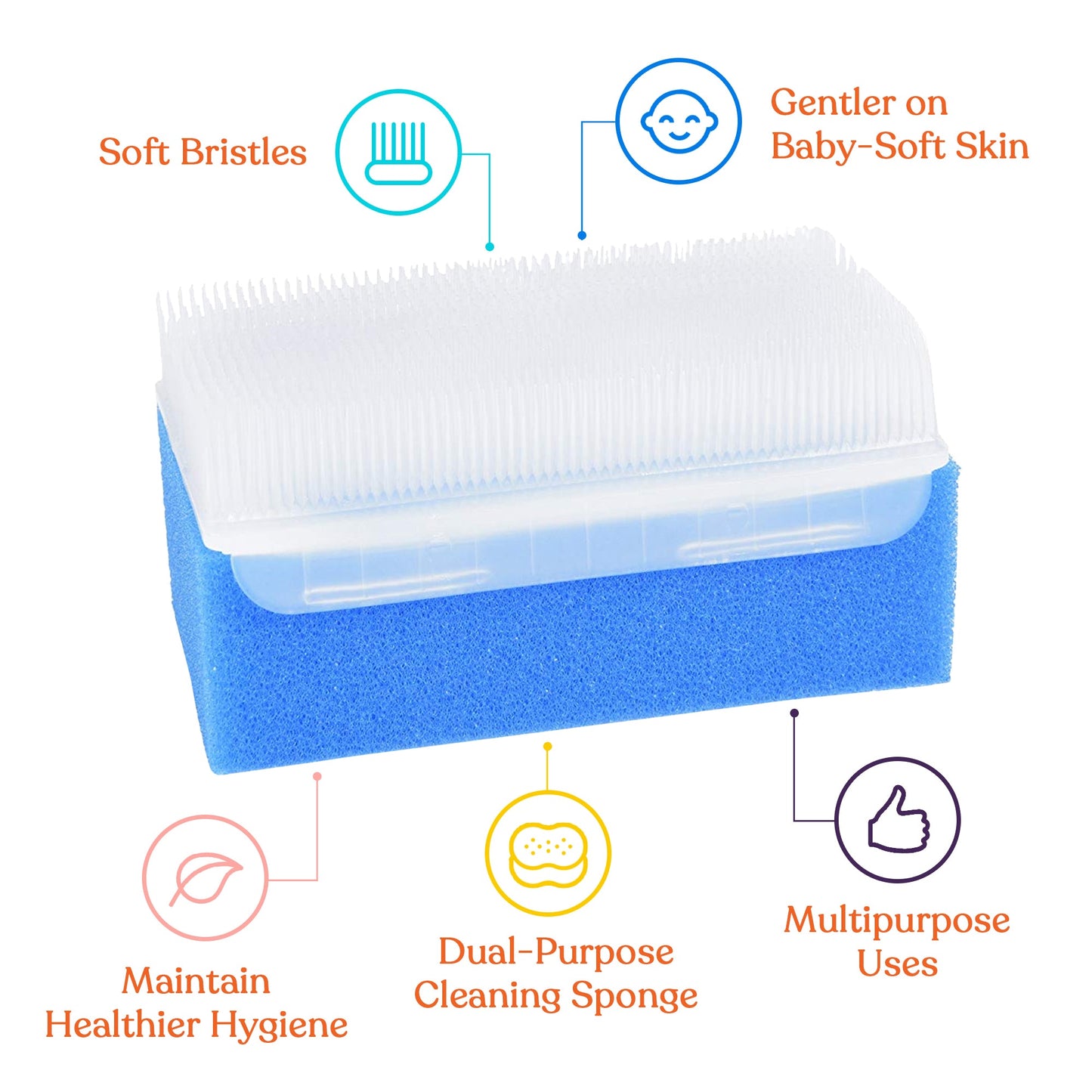 Baby bath sponge and brush with blue foam and white ridged bristle edge