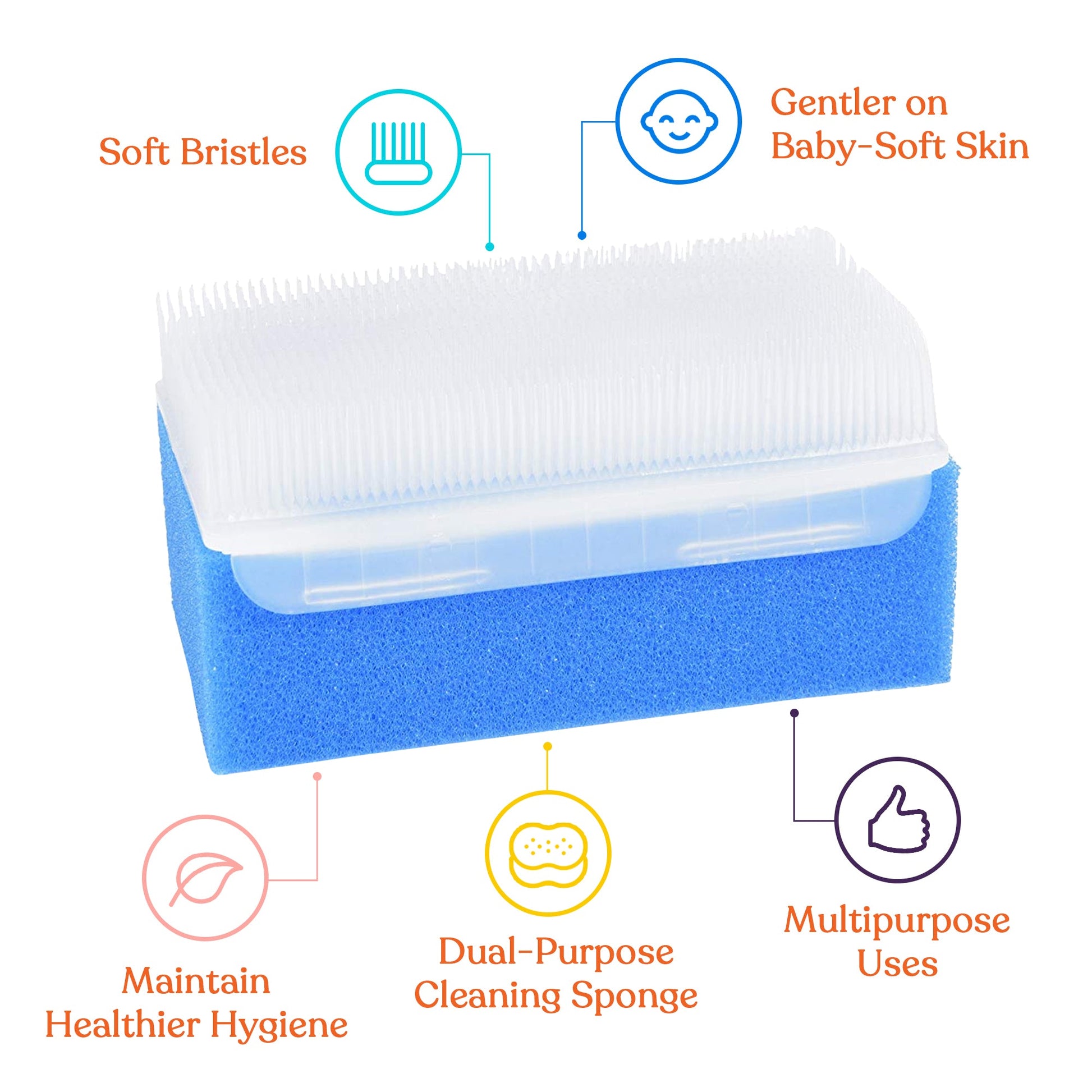 Baby bath sponge and brush with blue foam and white ridged bristle edge