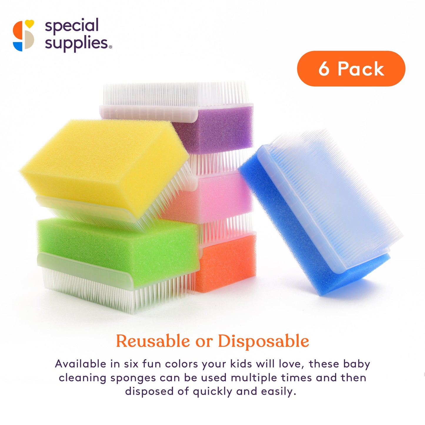 Baby bath sponge and brush set in bright colors with foam blocks and white bristle edges