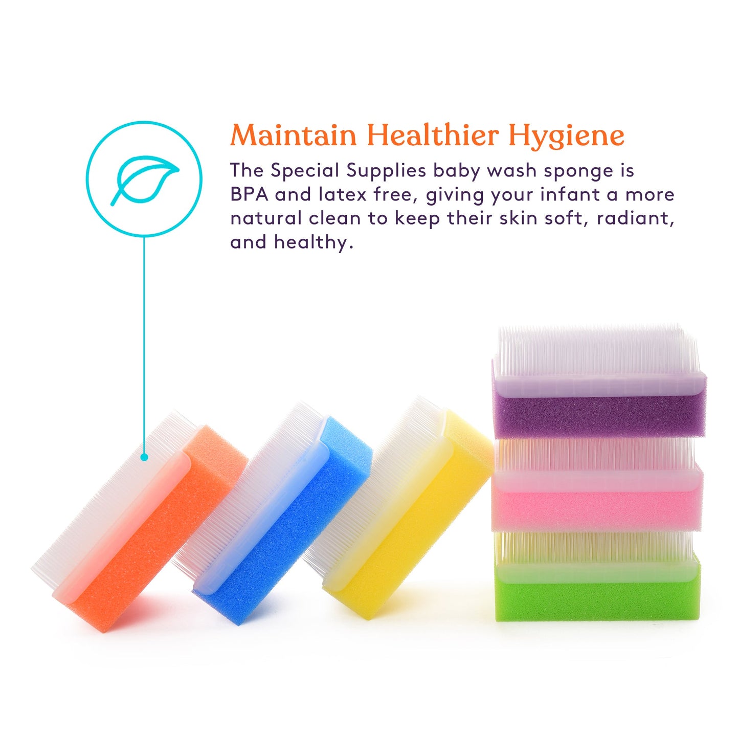Baby bath sponge and brush set showing multicolor foam sponges with white bristle sides