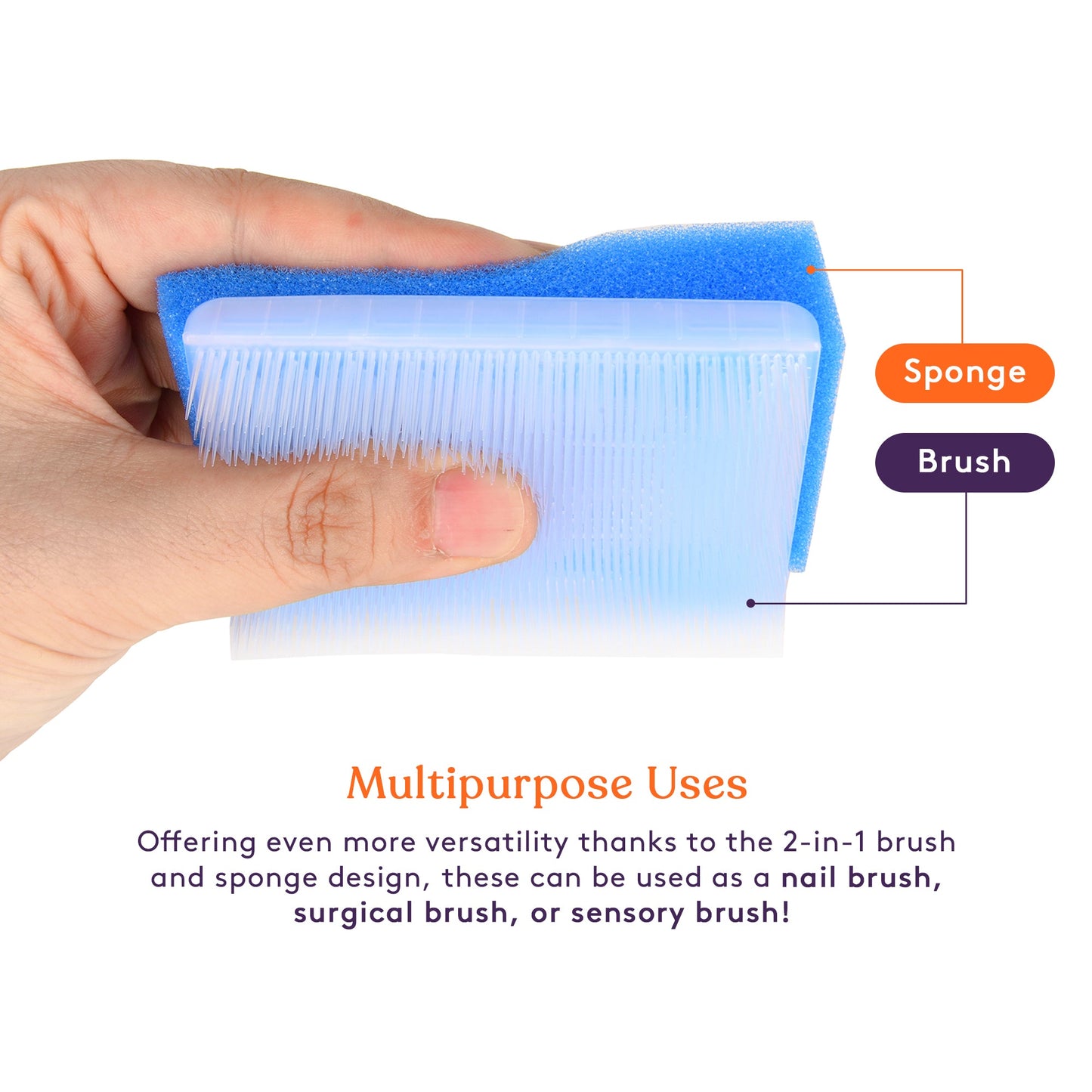 Close-up of baby bath sponge and brush with blue foam and white bristle comb