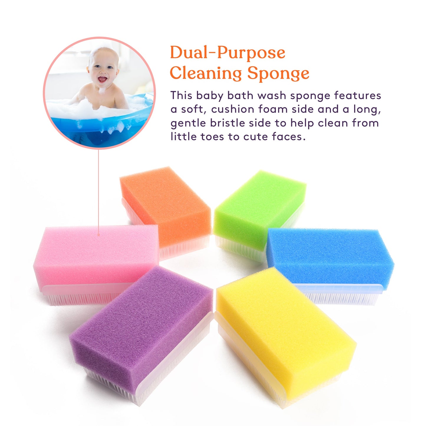 Dual-purpose baby bath cleaning sponge set with multicolor foam and white bristles