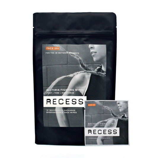 Biodegradable face wipe pouch with smaller sachet beside it, black RECESS design