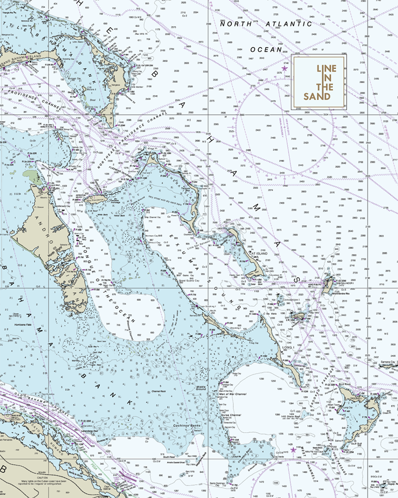 Nautical chart print fabric with North Atlantic text, scattered dots, and “LINE IN THE SAND” logo