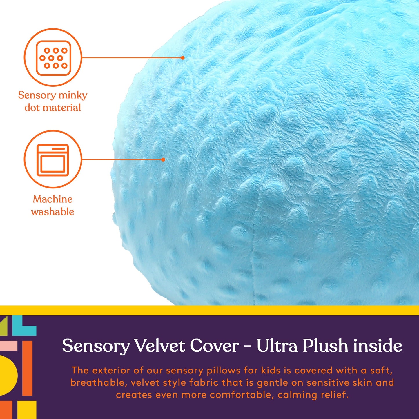 Blue sensory ball pillow held close by a child, round plush cushion