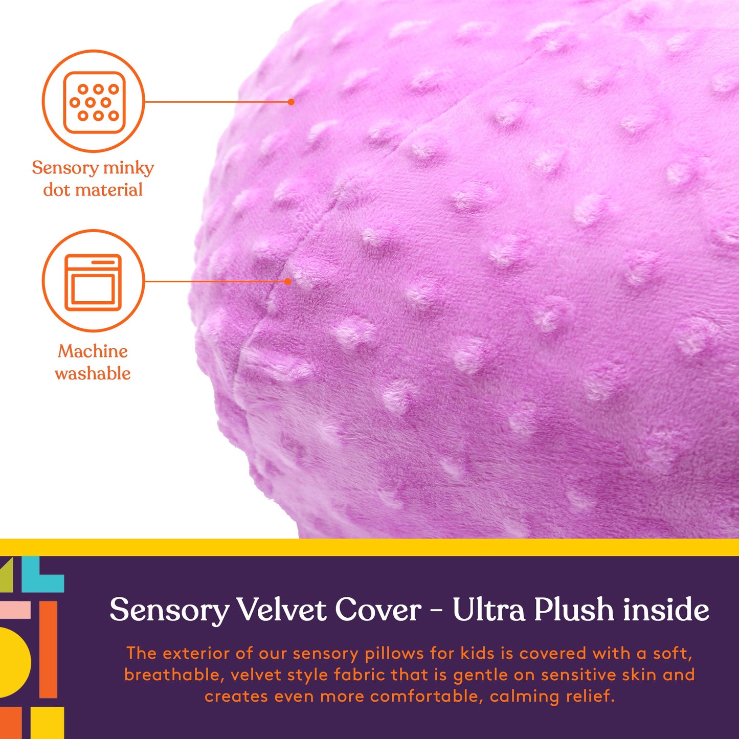Purple sensory ball pillow with textured nubs, close-up round plush cushion