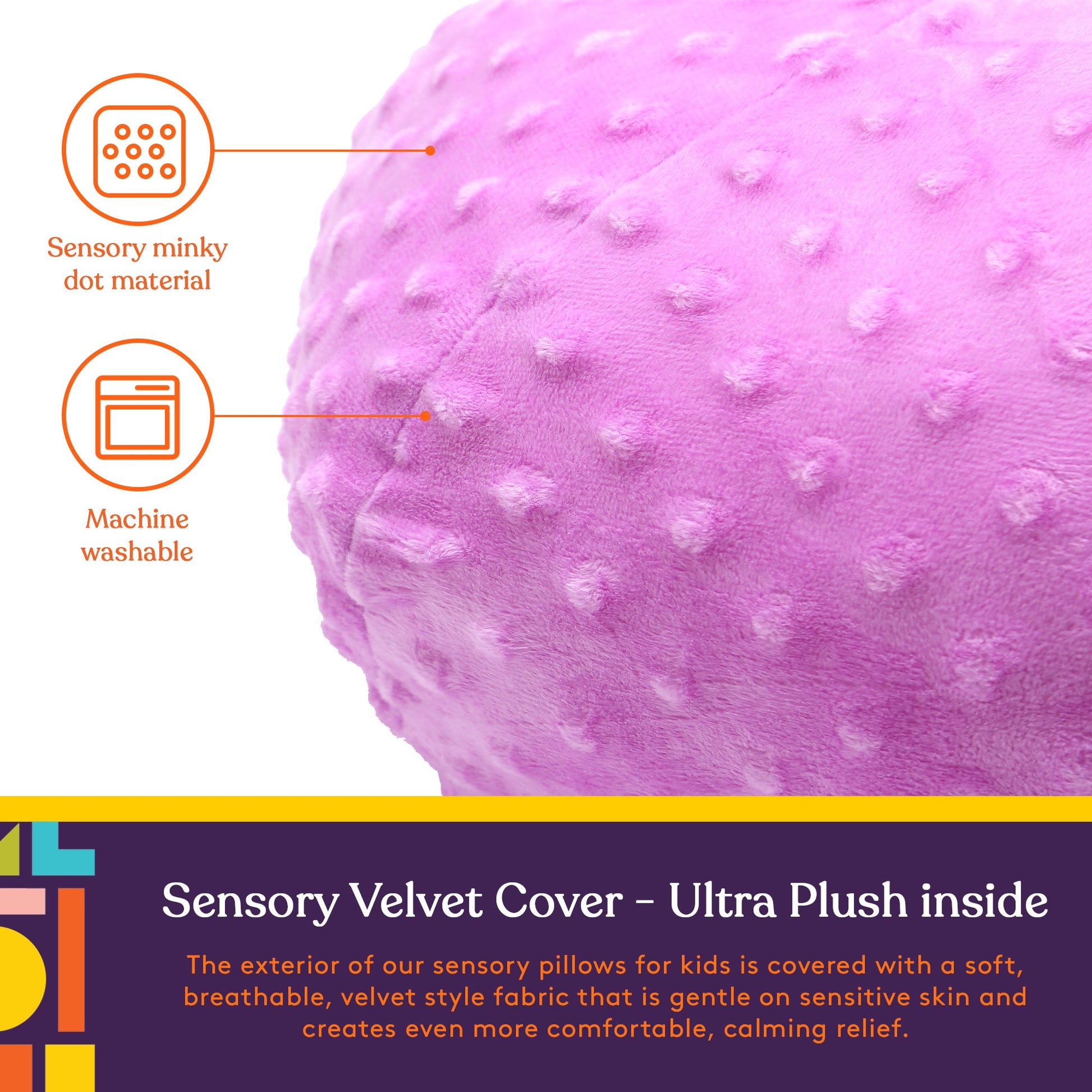 Purple sensory ball pillow with textured nubs, close-up round plush cushion
