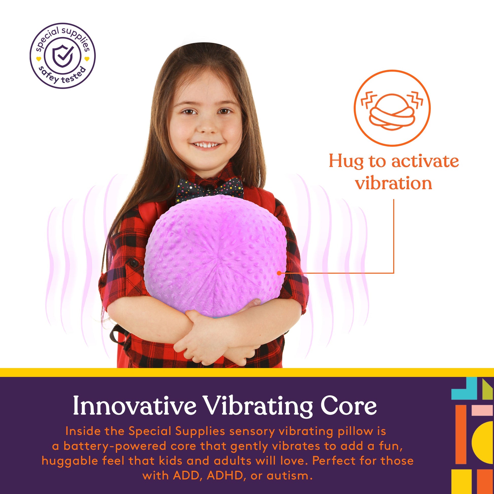 Purple sensory ball pillow hugged by a child, round plush cushion