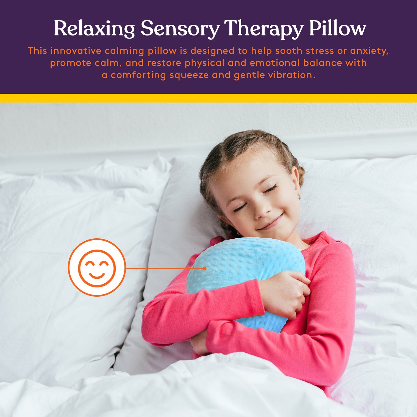 Blue sensory ball pillow hugged by a child, round plush cushion