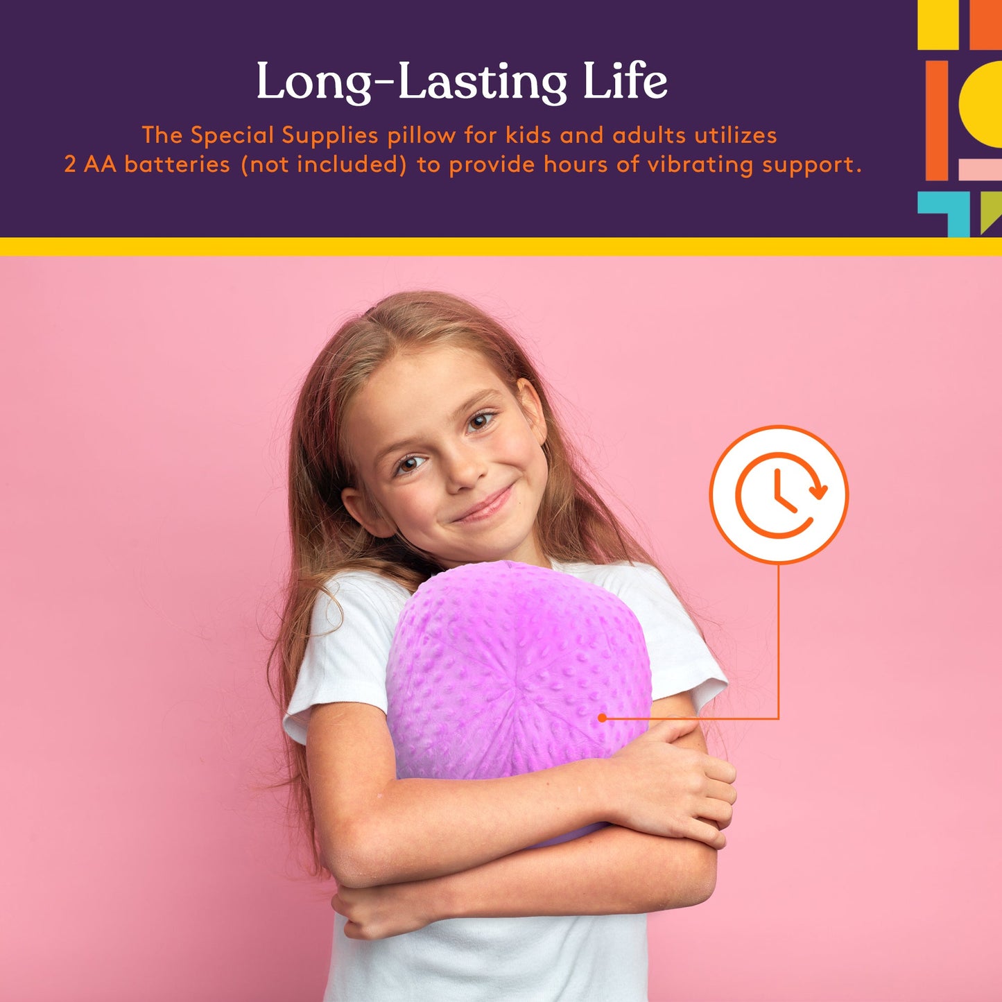 Purple sensory ball pillow hugged by a child, round textured plush cushion