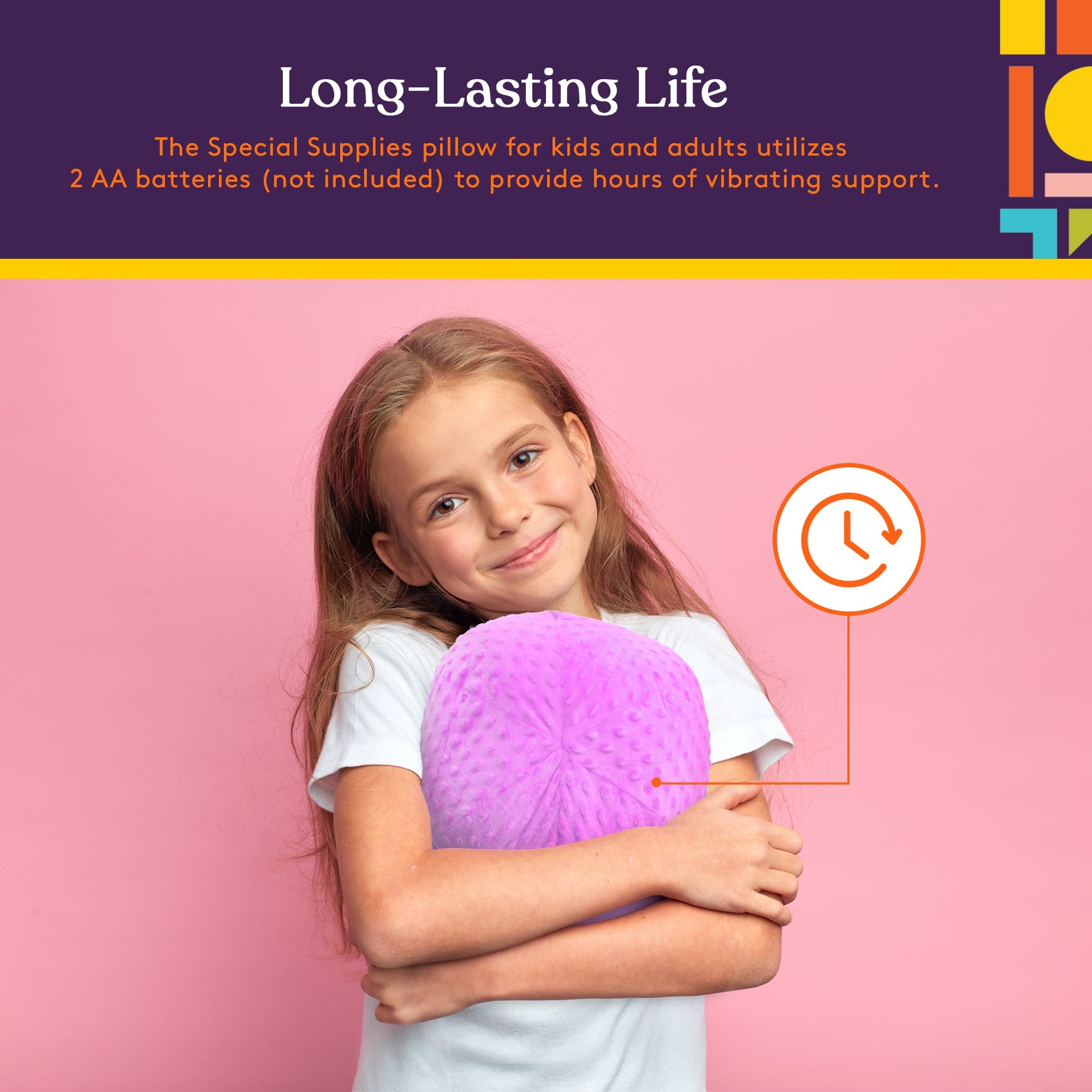 Purple sensory ball pillow hugged by a child, round textured plush cushion