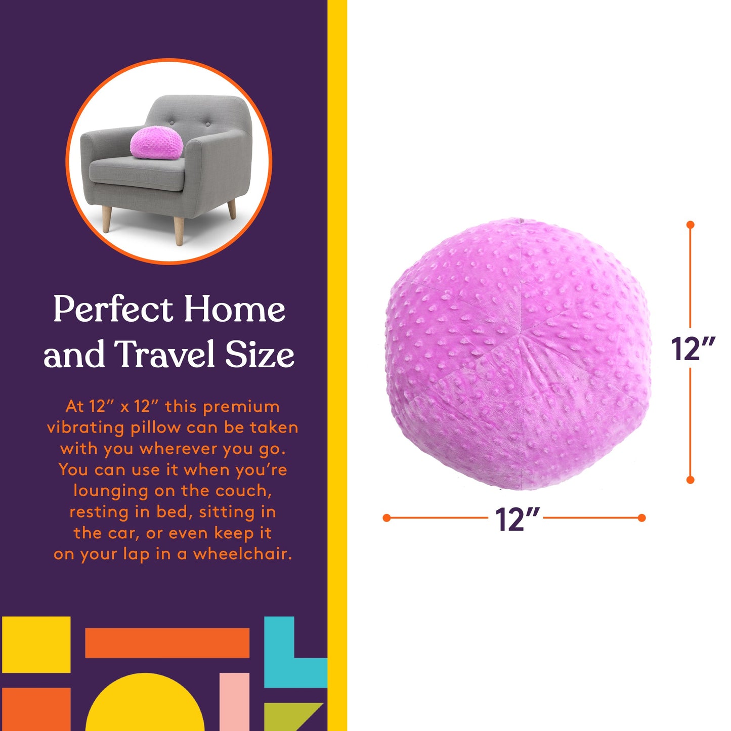 Purple sensory ball pillow with textured nubs, 12 in round plush cushion