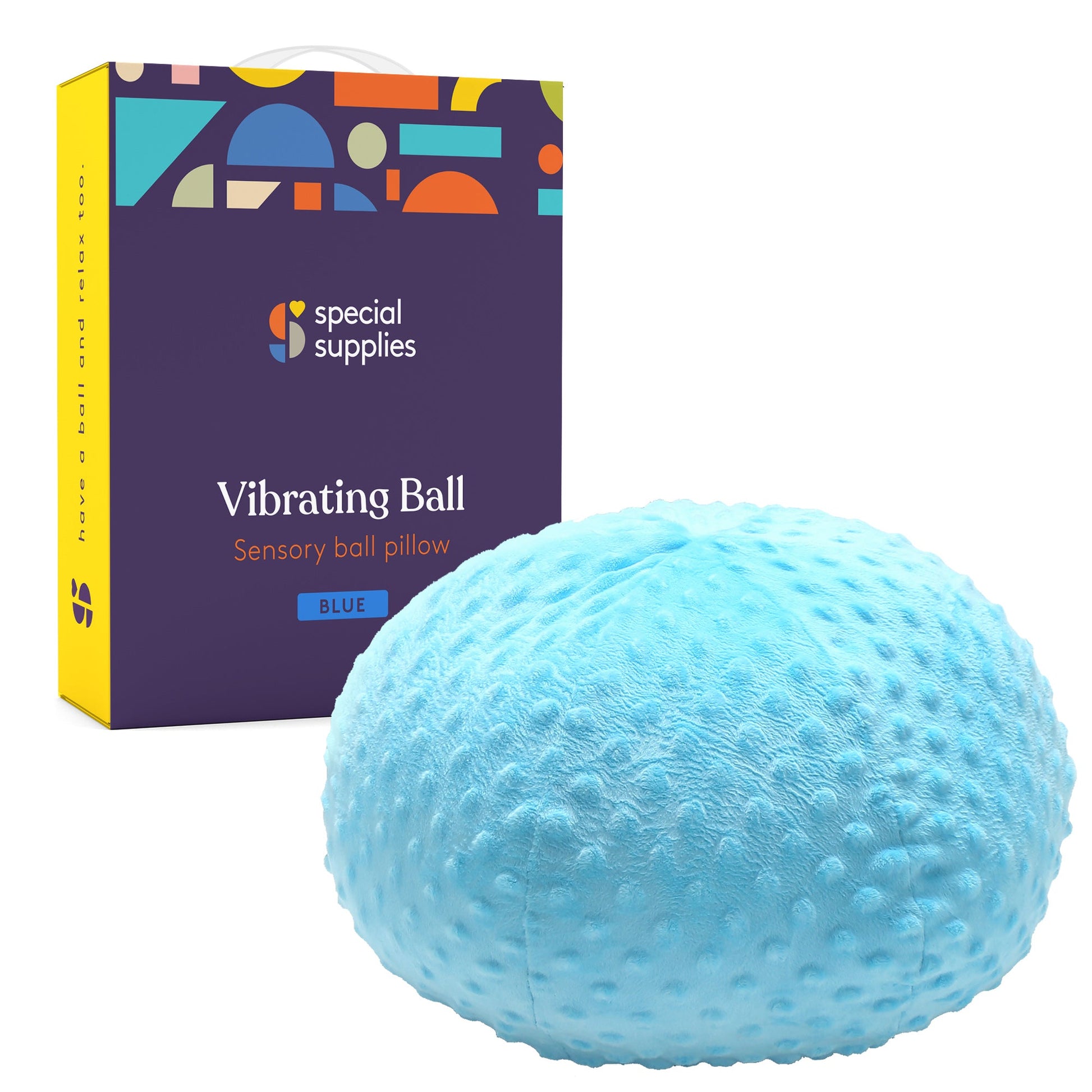 Blue sensory ball pillow with textured nubs next to product box