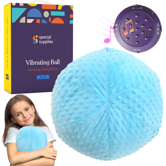 Blue sensory ball pillow with textured nubs, round plush cushion
