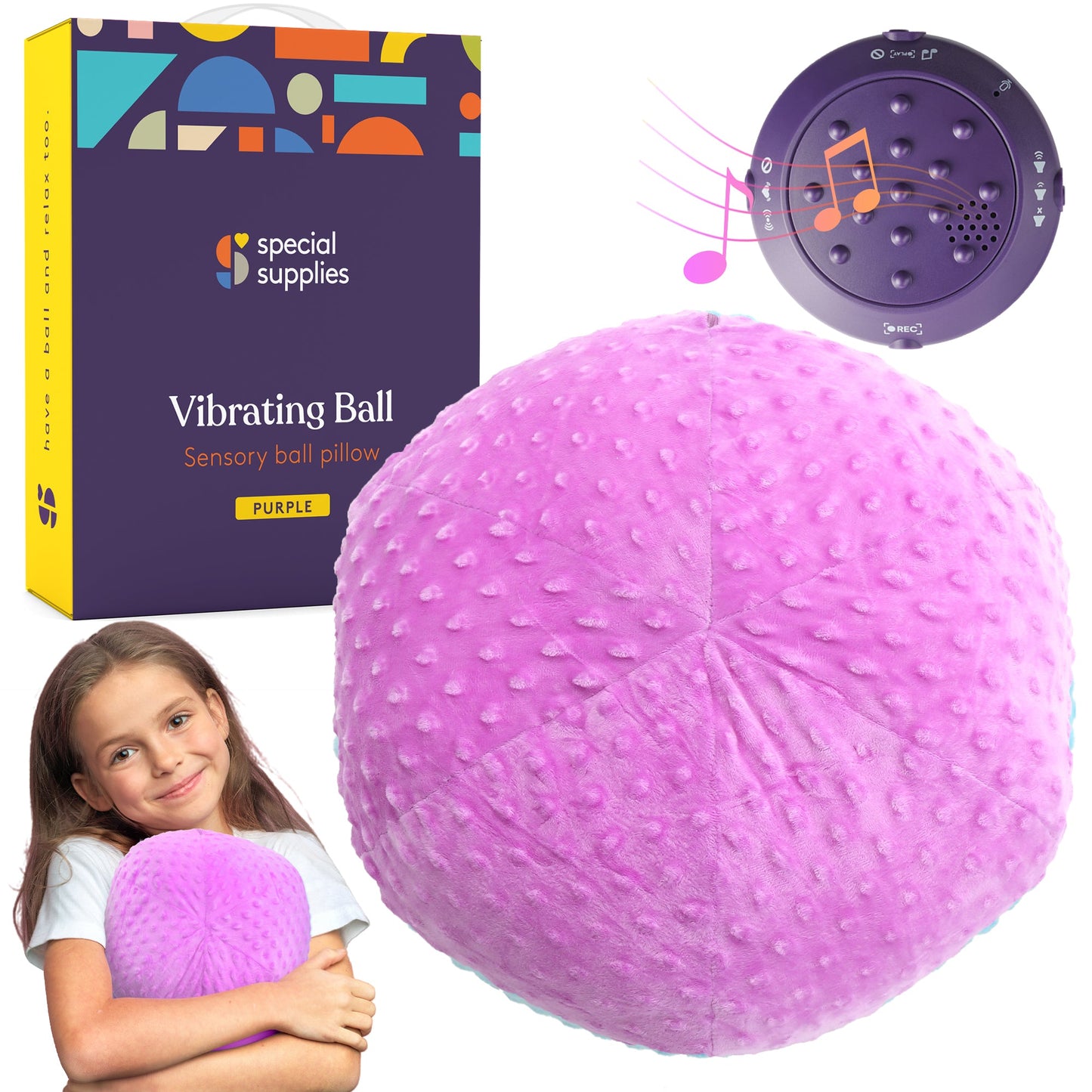Purple vibrating sensory ball pillow with top vibration control panel