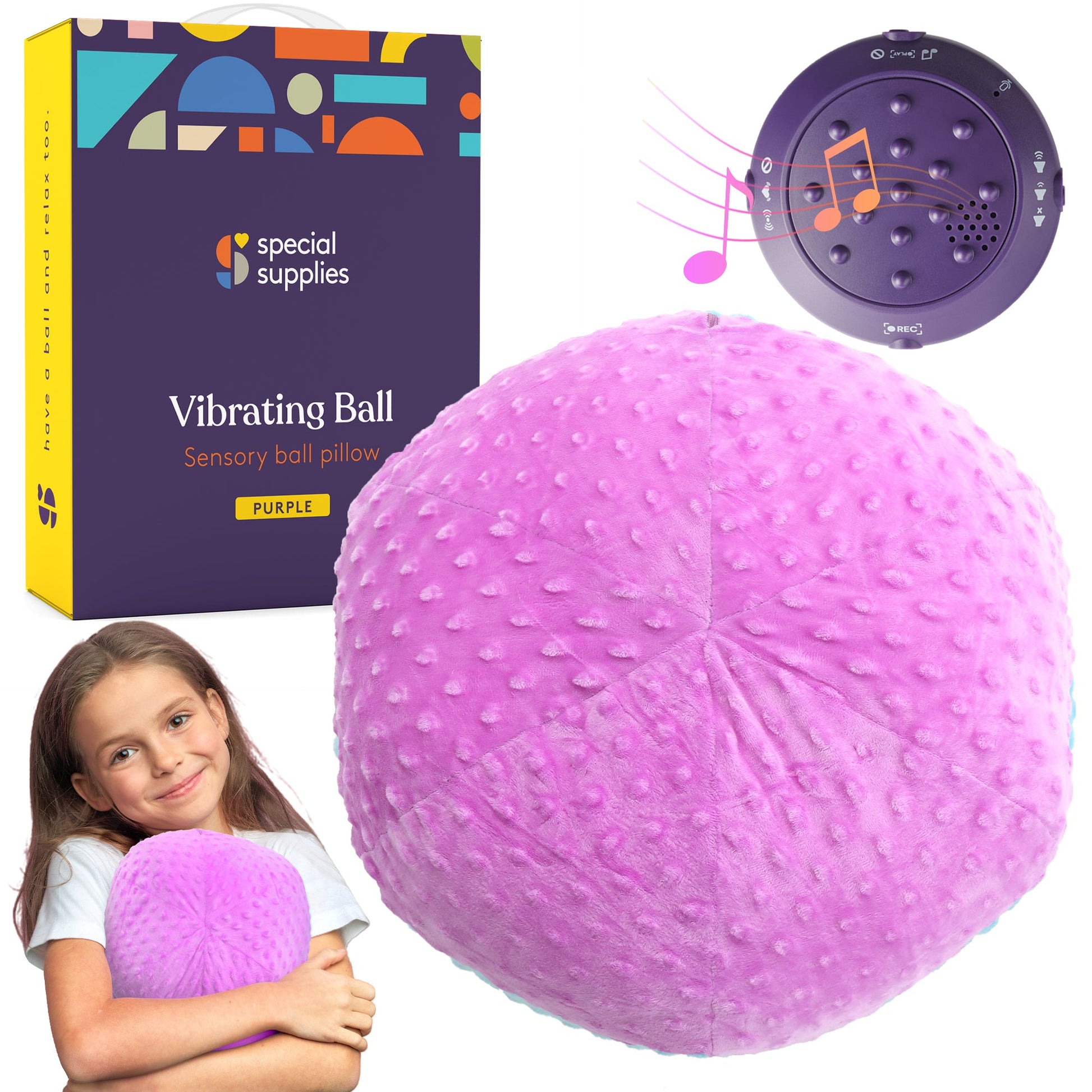 Purple vibrating sensory ball pillow with top vibration control panel