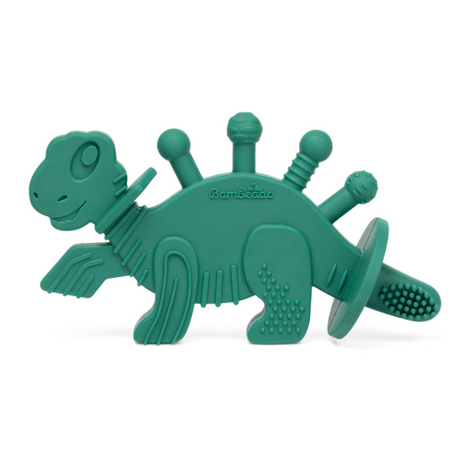 Green dinosaur-shaped teething toy on a white background