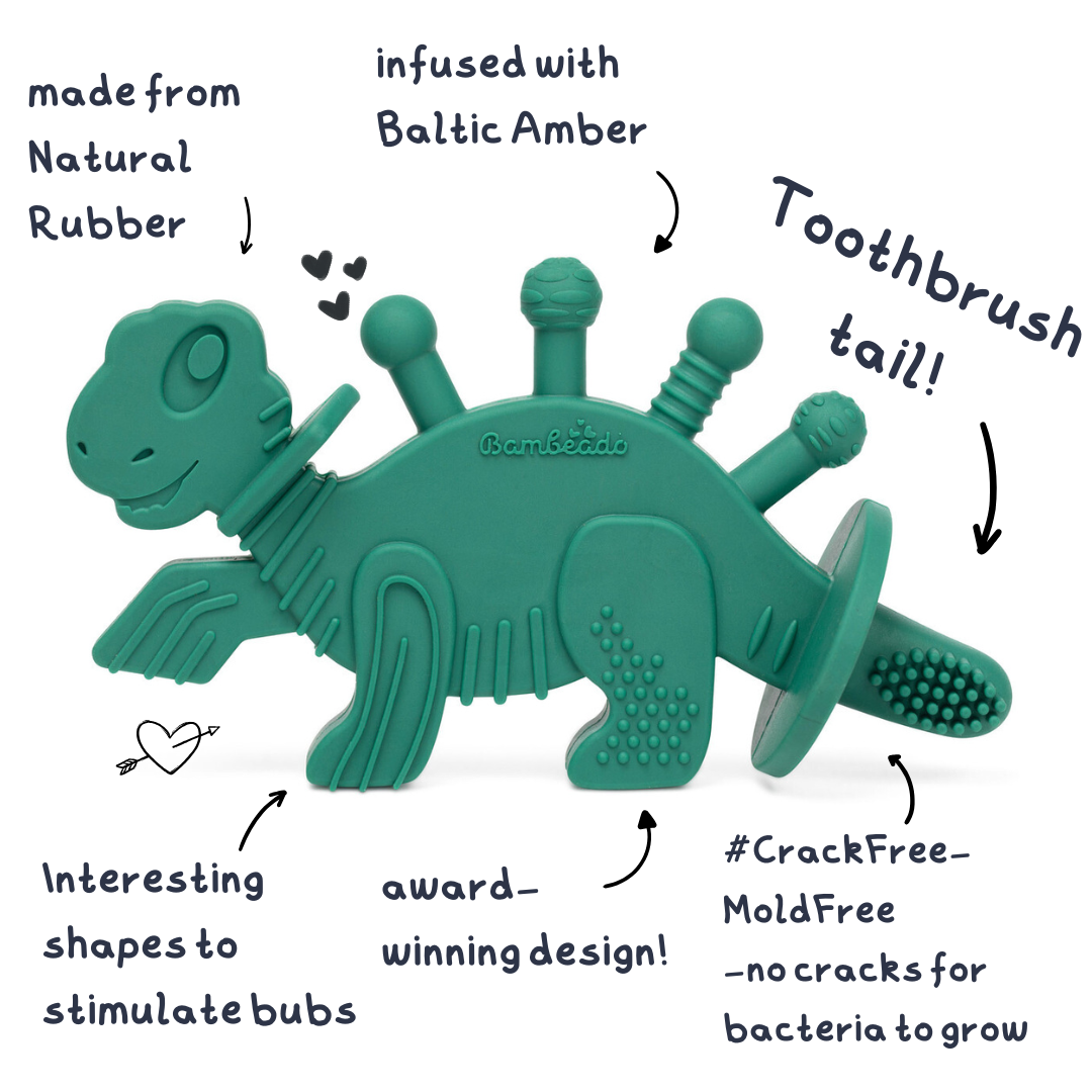 Teal dinosaur-shaped toothbrush with text highlighting features on a white background